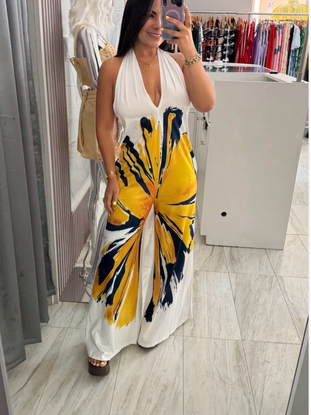 White Halter Jumpsuit with Yellow & Navy Floral Print